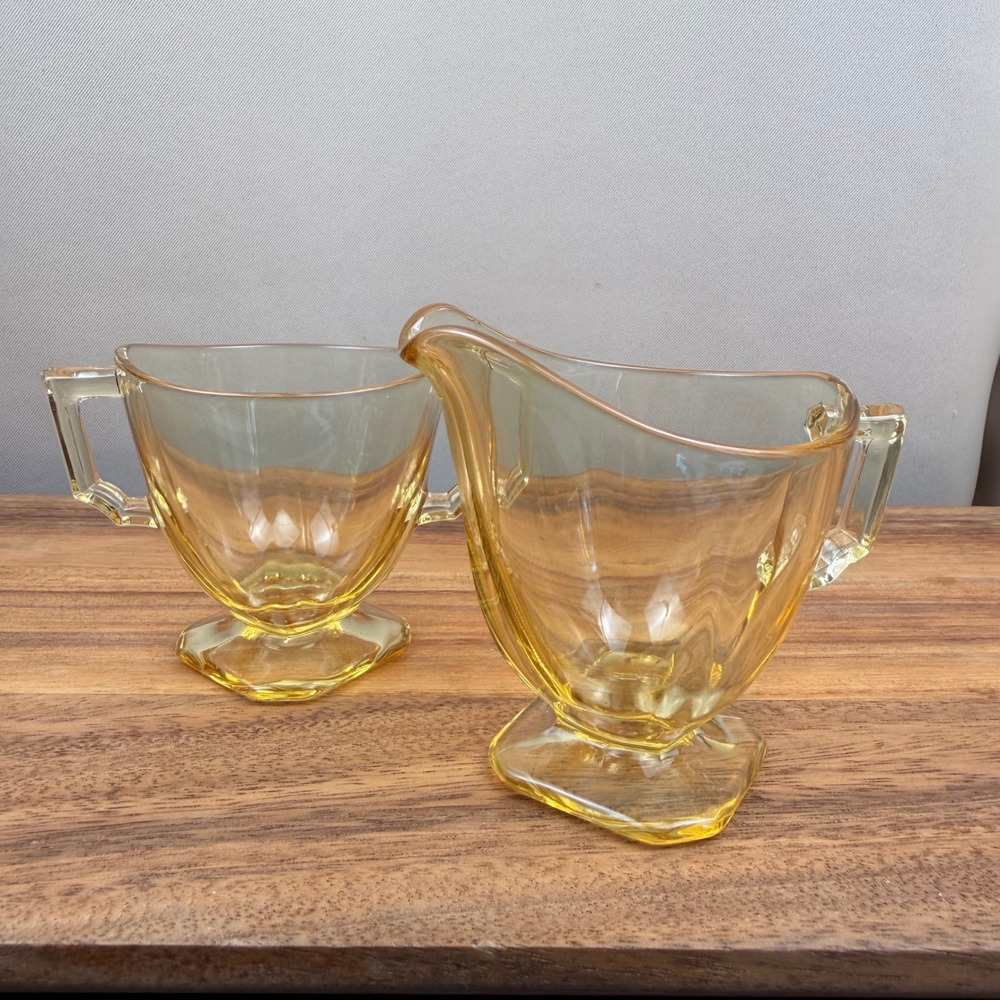 Fostoria Mayfair Yellow Depression Glass Cream & Sugar Set Vintage Amber Footed